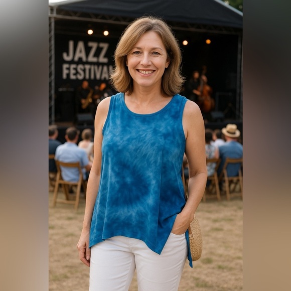 Neiman Marcus Tie Dye Blue Flowy Tank Top, Boho Chic - Size L - Picture 1 of 11